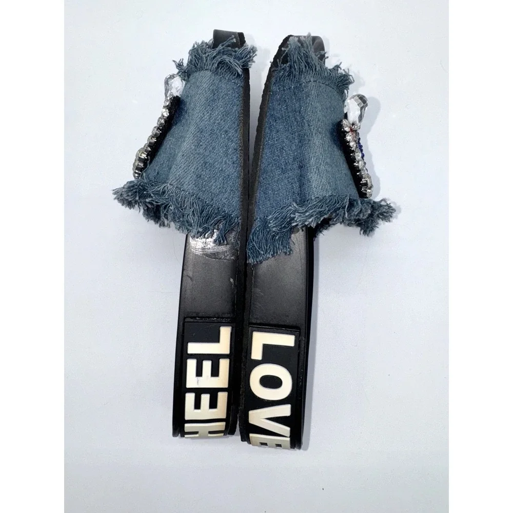 Evil Eye Crystals Rhinestones Beads Blue‎ Denim Fringe Sandals Slides Sz 9